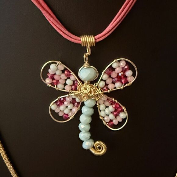 Set of 2 necklaces,Butterfly Colorful Stones on Cord & GoldTone Omega Chain. - Picture 5 of 5